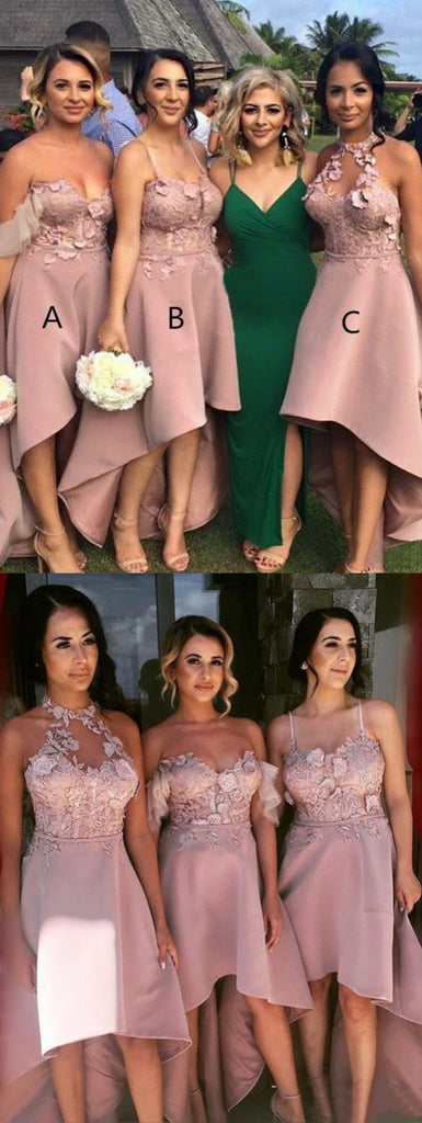 Charming High-Low Applique Long Bridesmaid Dresses, A-Line Satin Mismatched Birdesmaid Dresses, KX702