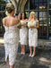 Short Off Shoulder Lace Bridesmaid Dress, Tea-Length Backless Mermaid Bridesmaid Dress, LB0706