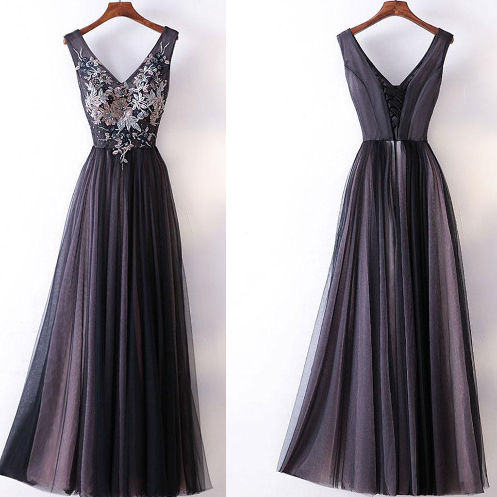 V-Neck Prom Dress, Tulle A-Line Prom Dress, Applique Prom Dress, LB0713