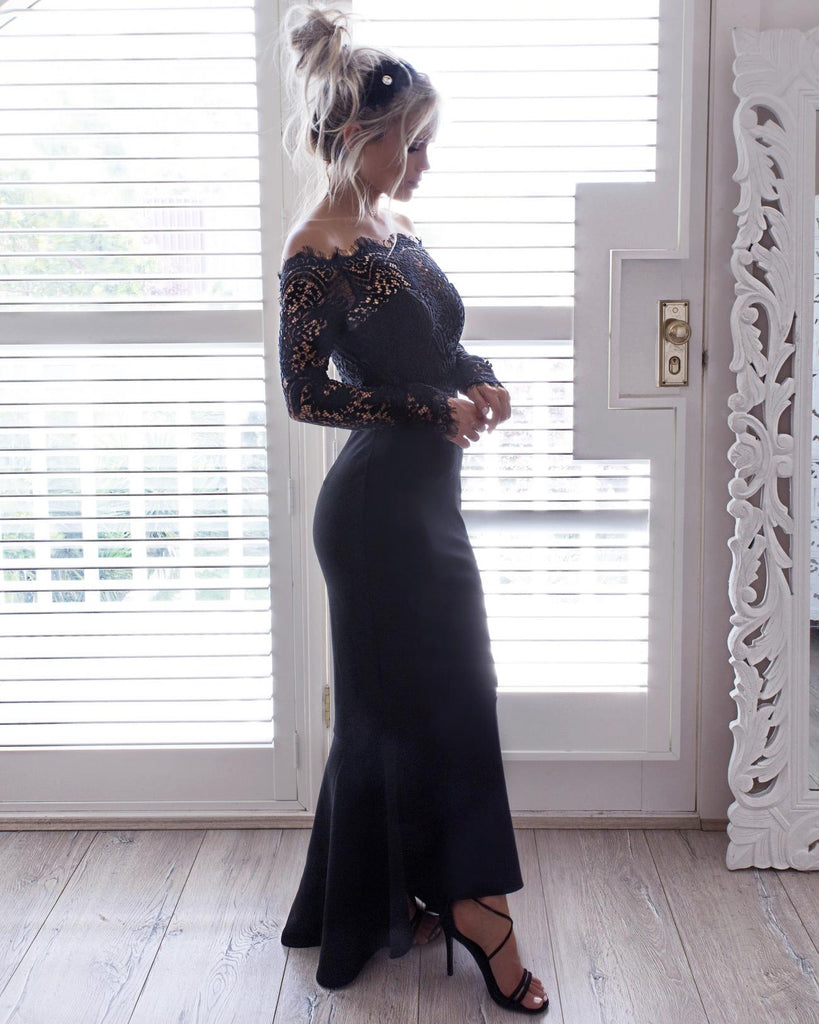 Off Shoulder Lace Prom Dress, Mermaid Prom Dress, Long Sleeve Prom Dress, LB0725