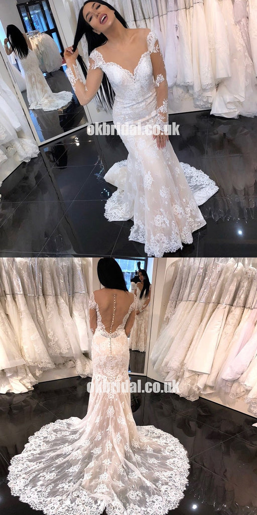 Long Mermaid Lace Wedding Dress, Long Sleeve Applique Wedding Dress, LB0748