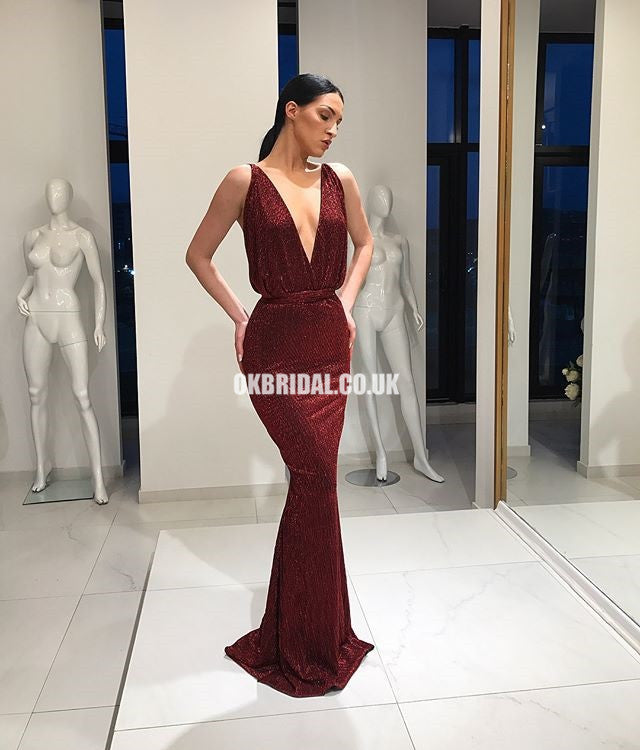 Burgundy Mermaid Sexy Deep V-neck Backless Sequin Prom Dresses, FC781