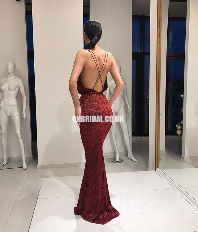 Burgundy Mermaid Sexy Deep V-neck Backless Sequin Prom Dresses, FC781