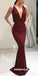 Burgundy Mermaid Sexy Deep V-neck Backless Sequin Prom Dresses, FC781