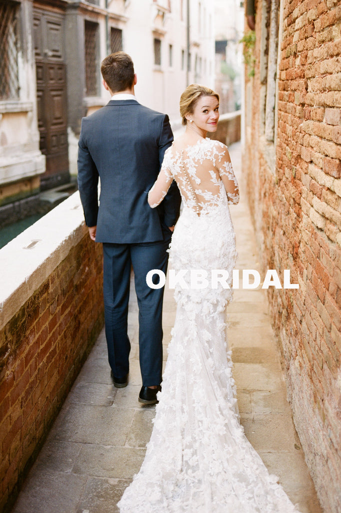 Charming Long Sleeve Wedding Dress, Luxury Lace Mermaid Wedding Dress, KX788