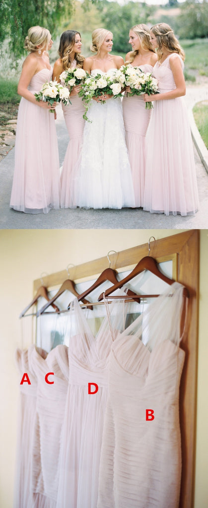 Pink Mismatched Tulle Pleated Inexpensive Floor-Length Bridesmaid Dresses, FC918