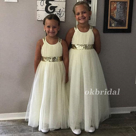 Round Neckline Sequin Tulle Flower Girl Dresses, Cheap Flower Girl Dresses, LB0921