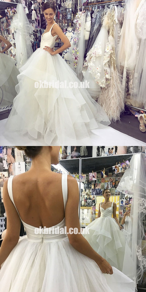 Cheap A-Line Tulle Wedding Dress, Elegant Organza Backless Bridal Dress, LB0931