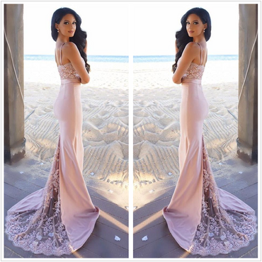 Hot Sale Mermaid Pink Lace Jersey Backless Sexy Long Bridesmaid Dress, KX931