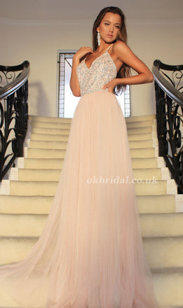 Spaghetti Straps V-Neck Tulle Backless Prom Dress, Sequin Evening Dresses, LB0944