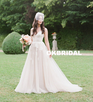 Vintage Lace Top V-Neck Wedding Dress, Spaghetti Straps Backless Tulle Mermaid Wedding Dress, KX978