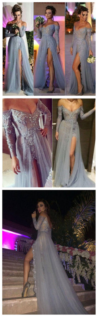 Long Prom Dresses, Gray Prom Dresses, Lace Prom Dresses, Off Shoulder V-neck Prom Dresses, Side Slit Sexy Prom Dresses, Evening Dresses, PD0021