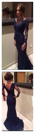 Navy Prom Dresses, Long Prom Dresses, Lace Prom Dresses, V-neck Prom Dresses, Dresses for Prom, Long Sleeves Prom Dresses, Evening Dresses, PD0017