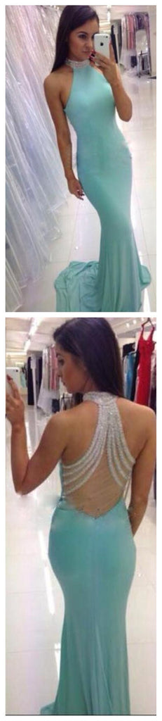 High Neck Tiffany Blue Sexy Open Back Mermaid Long Party Prom Dress, 2017 Cheap Prom Dresses,PD0030