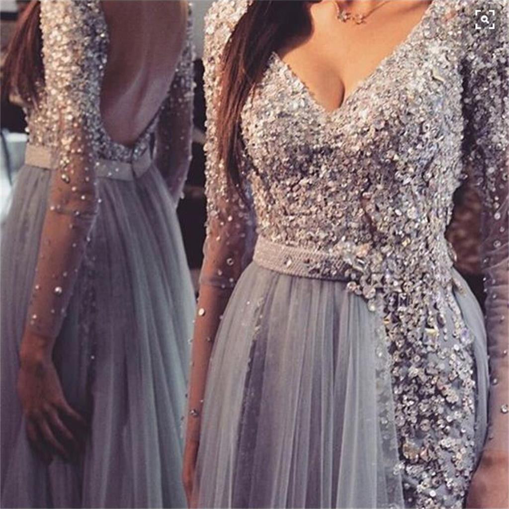 Long sleeve Prom Dresses,Grey Prom Dresses, Lace Prom Dresses, Backless Prom Dresses, V-Neck Prom Dresses,Custom Prom Dresses,PD0038