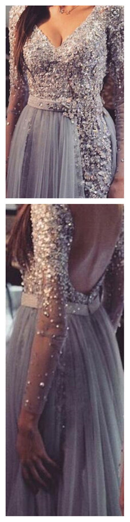 Long sleeve Prom Dresses,Grey Prom Dresses, Lace Prom Dresses, Backless Prom Dresses, V-Neck Prom Dresses,Custom Prom Dresses,PD0038