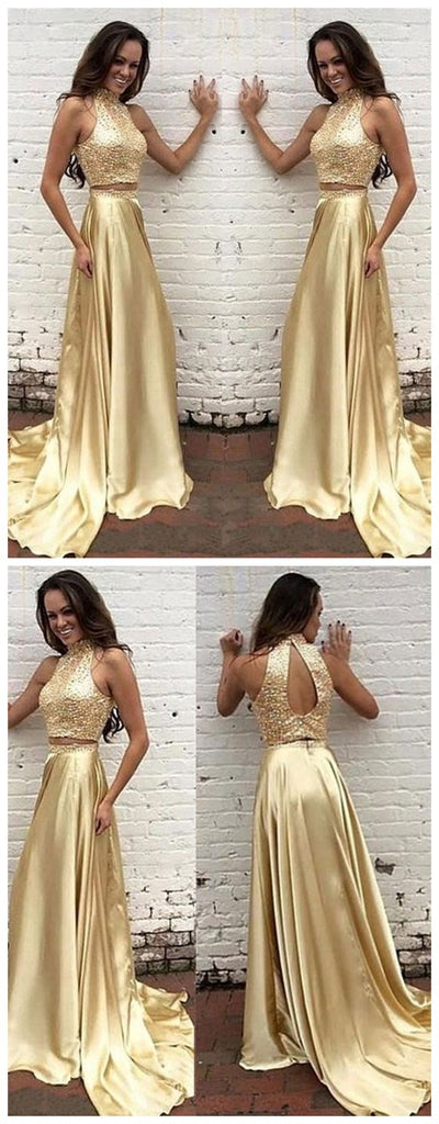 Two Pieces Prom Dress,High neck Prom Dress,Gold Prom Dress ,New Arrival Prom Dress,Pretty Prom Dresses ,Evening Dresses, Prom Dresses,Long Prom Dress, Party Prom Dress,PD0062