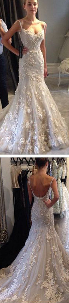 White lace Mermaid Wedding Dresses, Sexy Backless Prom Dresses, Gorgeous Prom Gown, WD0129