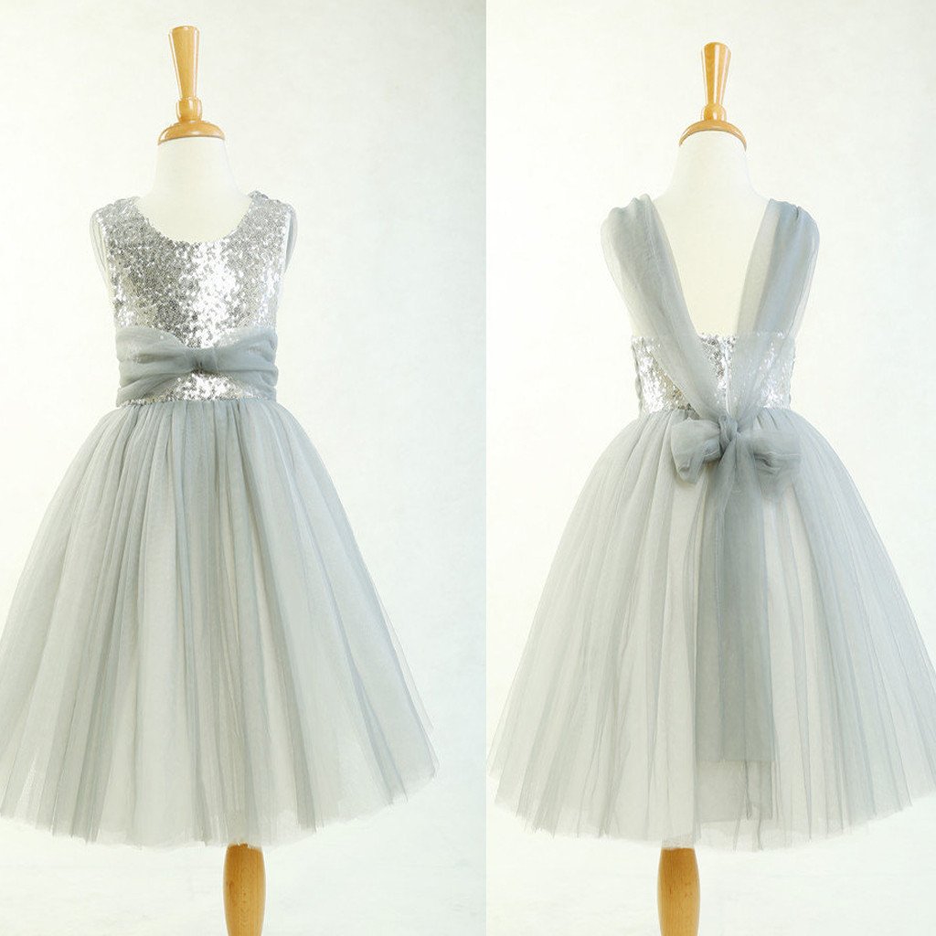 Round Neck Silver Sequin Tulle Pretty Little Girl Dresses For Wedding Party, Flower Girl Dresses, FG003