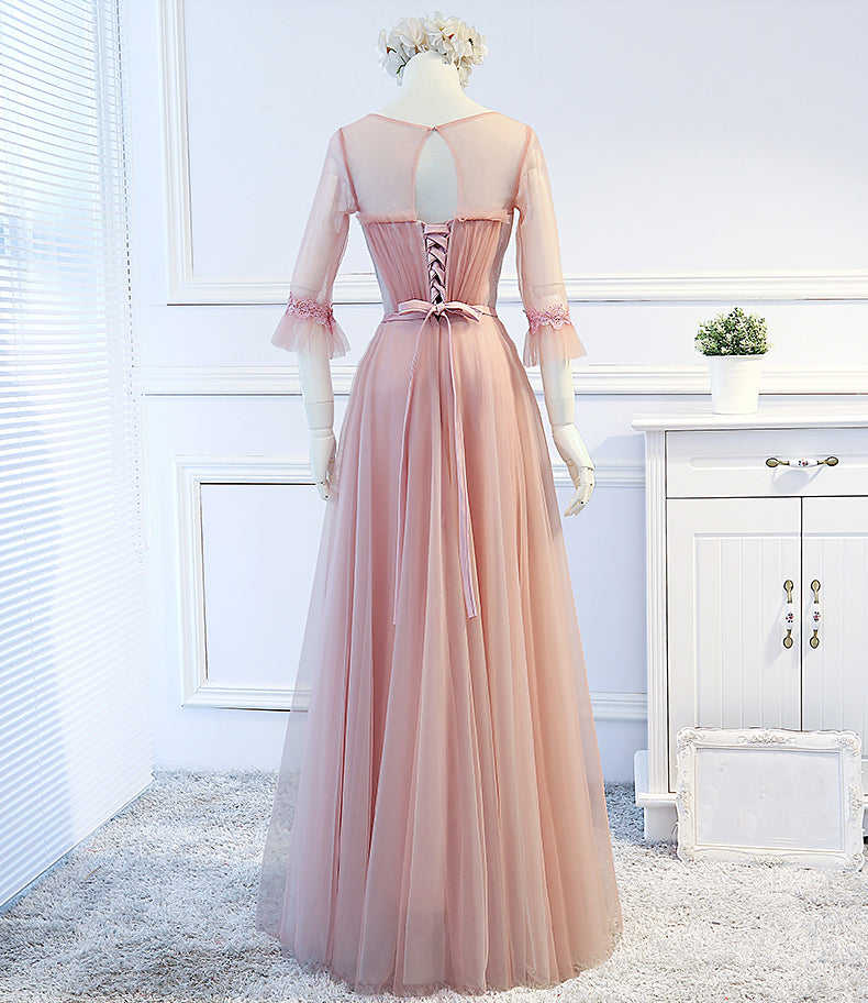 Half Sleeve Tulle A-Line Elegant Long Open-Back Bridesmaid Dress, FC1005