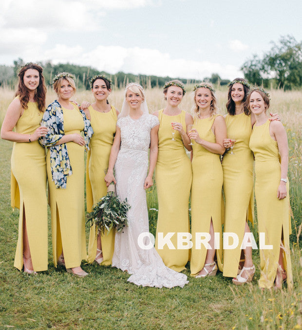 Cheap Long Slit Long Bridesmaid Dress, Yellow Elegant Sleeveless Bridesmaid Dress, KX1024