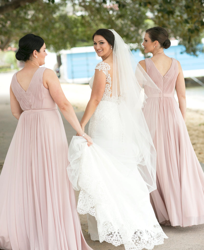 Long Chiffon V-Neck Sleeveless Bridesmaid Dress, A-Line Cheap Pink Bridesmaid Dress, KX1382