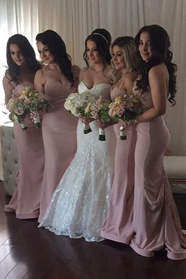 Hot Sale Mermaid Pink Lace Jersey Backless Sexy Long Bridesmaid Dress, KX931