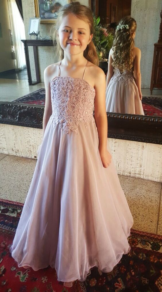 Spaghetti Straps Lace Top Chiffon Popular A-Line Flower Girl Dresses, Cheap Little Girl Dresses, KX1388