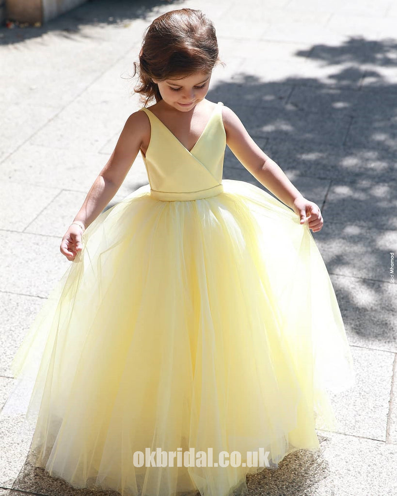 A-Line Tulle Yellow Flower Girl Dresses, Popular Satin Little Girl Dresses, FC1802