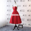 Red Satin Tea-Length Homecoming Dress, Applique Backless Homecoming Dress, KX1306