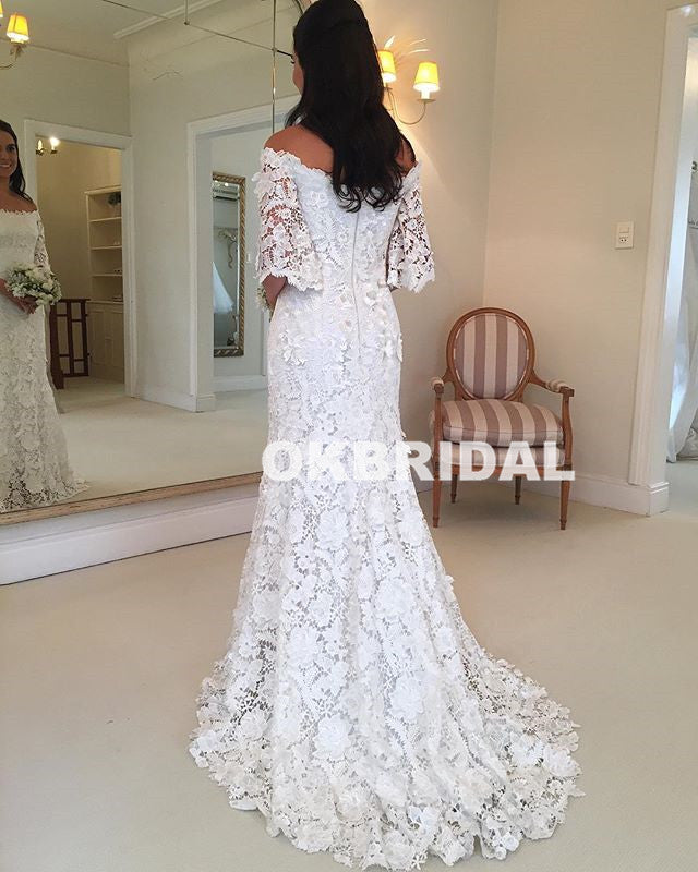 Charming Off shoulder Lace Wedding Dresses, Half Sleeve Lace Mermaid Wedding Dresses, KX926