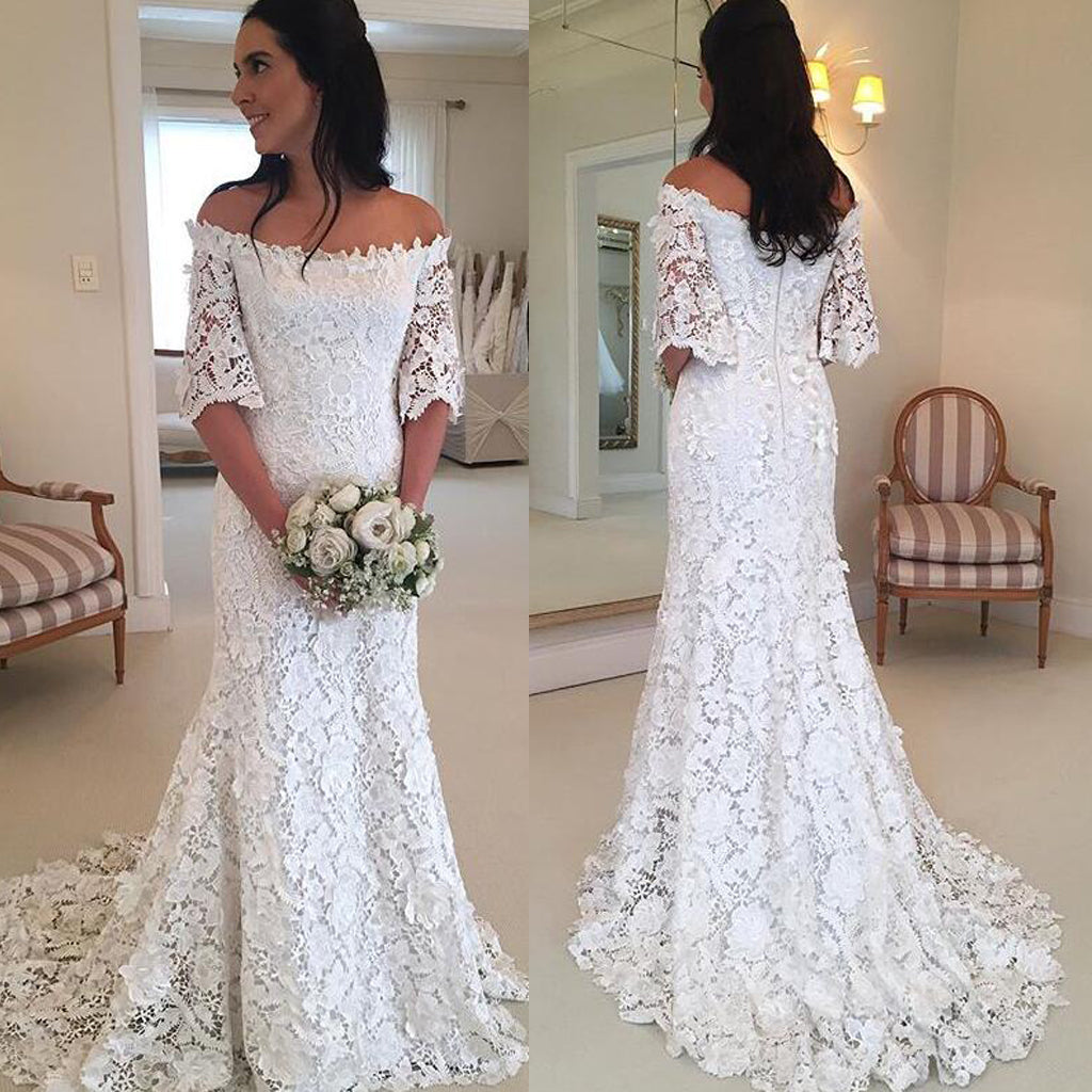 Charming Off shoulder Lace Wedding Dresses, Half Sleeve Lace Mermaid Wedding Dresses, KX926