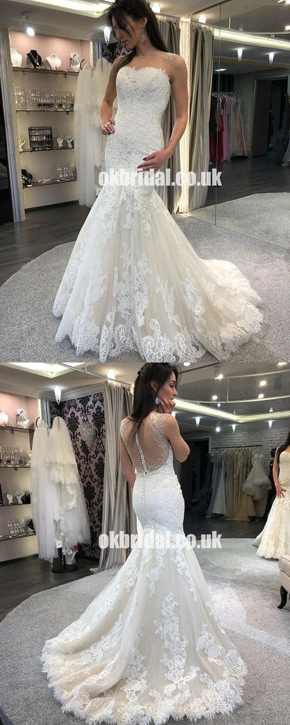 Sexy Mermaid Lace Sleeveless Wedding Dress, Vintage Tulle Sheath Bridal Dress, LB0947