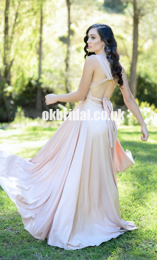 Pink Convertible Backless Bridesmaid Dress, Elastic Satin A-Line Bridesmaid Dress, KX956