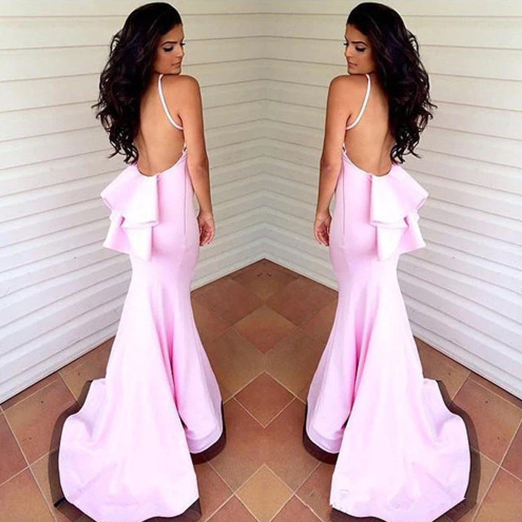 Pink Spaghetti Straps Mermaid Jersey Backless Floor-Length Bridesmaid Dress, FC892