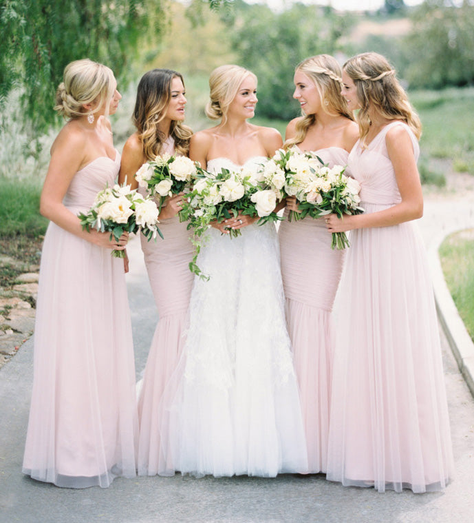 Pink Mismatched Tulle Pleated Inexpensive Floor-Length Bridesmaid Dresses, FC918