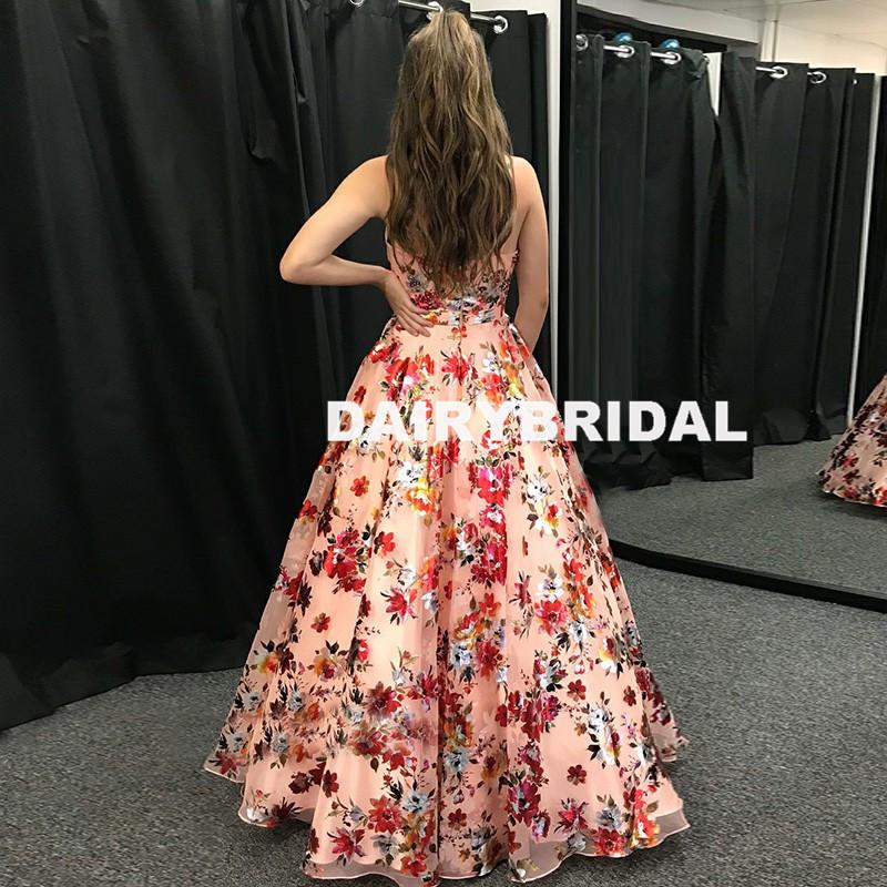 Spaghetti Straps Printed Flowers Chiffon Backless A-Line Prom Dress, FC1255