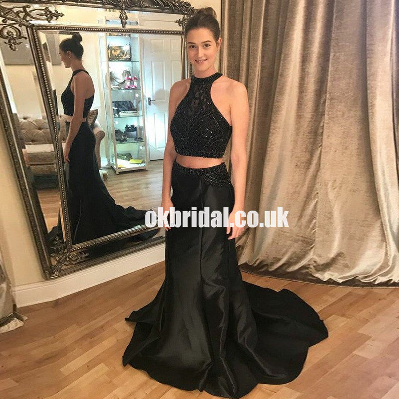 Black Two Pieces Satin Prom Dress, Beaded Top Mermaid Sleeveless Prom Dress, KX1257