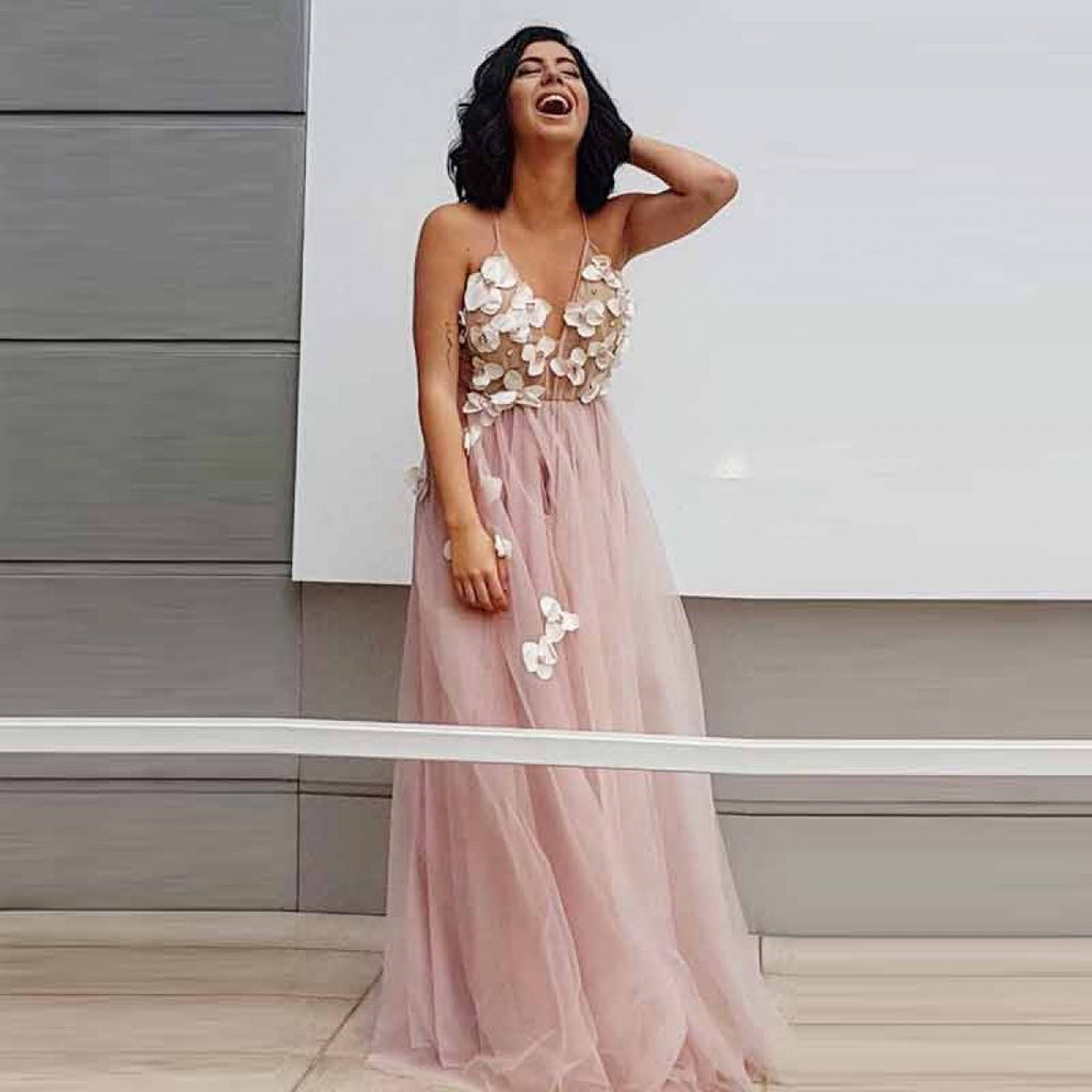 Newest Spaghetti Straps V-Neck Prom Dresses, Tulle Backless A-Line Applique Prom Dresses, KX1266