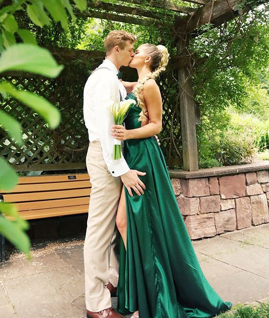 Green Spaghetti Straps A-Line Simple Backless Slit Prom Dresses, FC1452