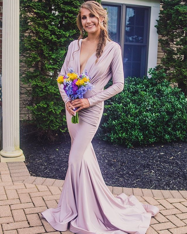 Long Sleeve Deep V-Neck Mermaid Prom Dresses, Soft Satin V-Back Evening Dresses, KX1453