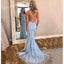 Blue Mermaid Spaghetti StrapsTulle Backless Applique Prom Dresses, FC1542