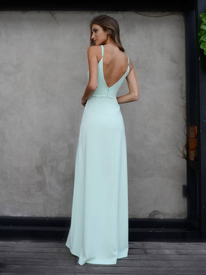 Simple A-line Slit Mint Green Jersey V-neck Backless Prom Dresses, FC1565