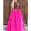 Two Pieces Beaded Top A-Line Satin Open-Back Prom Dress with Pocket, FC1593