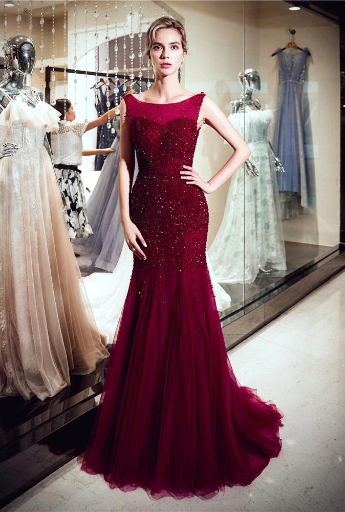 Red Sparkly Beaded Mermaid Sleeveless Tulle Sequin Backless Prom Dresses, FC1780