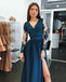 V-neck Long Sleeve Applique A-Line Slit Jersey Prom Dresses, FC1824