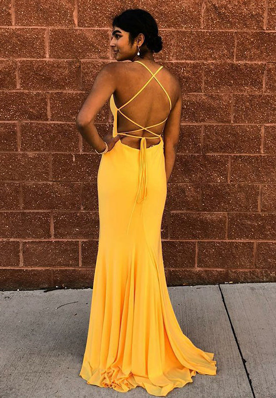 Bright Yellow Jersey Backless Sheath Simple Prom Dresses, FC1851