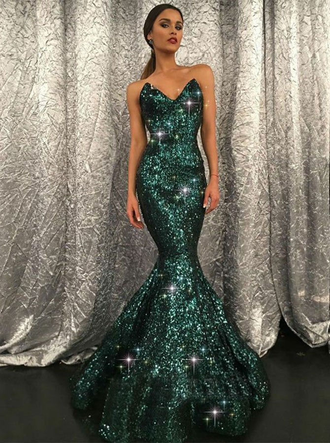 Sparkly Green Sequin Mermaid Backless Beaded Prom Dresses, FC1857