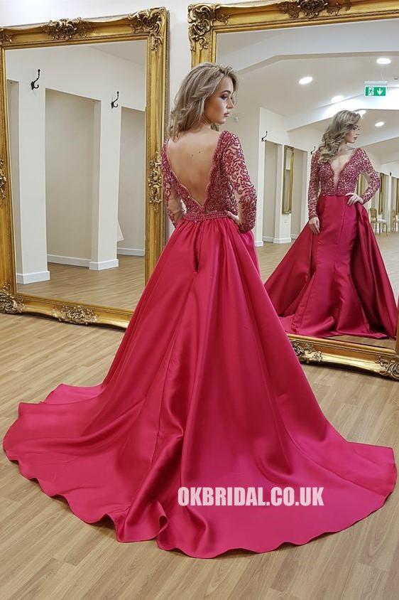 Red Long Sleeve Beaded Backless Deep V-neck Prom Dresses, FC1952