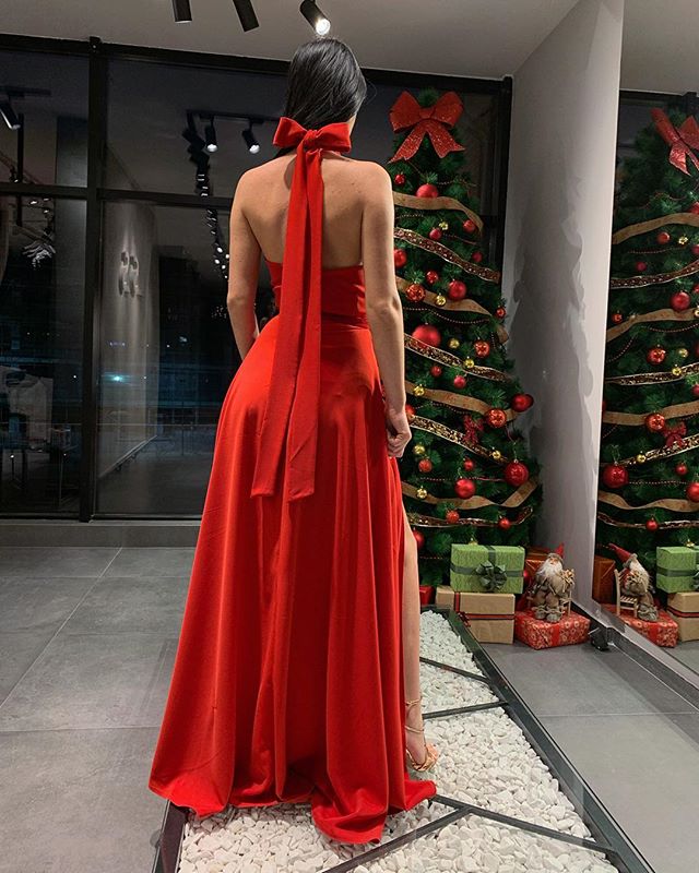 Red Halter A-Line Backless Sexy Slit Sleeveless Jersey Prom Dresses, FC2120